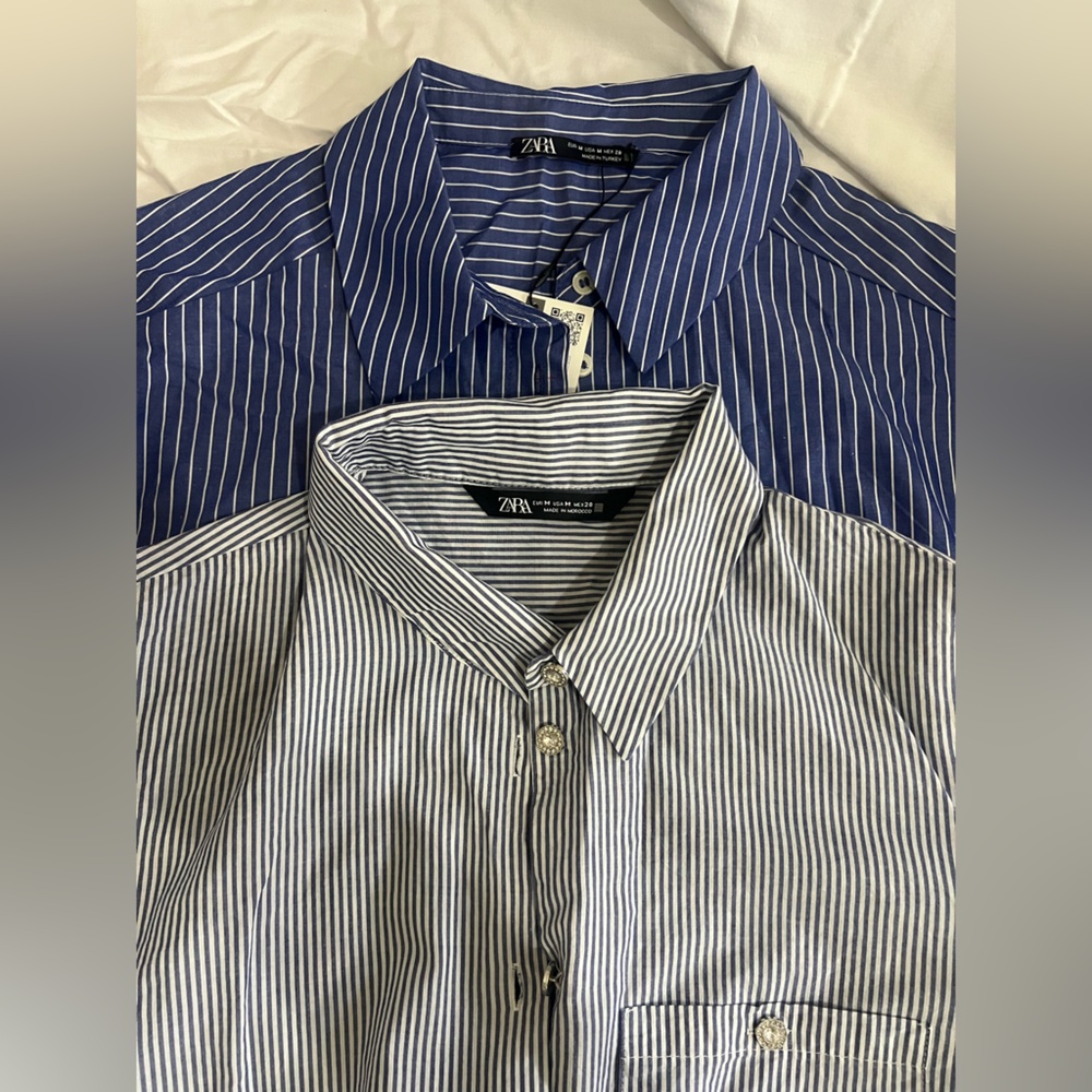 Zara Navy and White Pinstripe Blouse